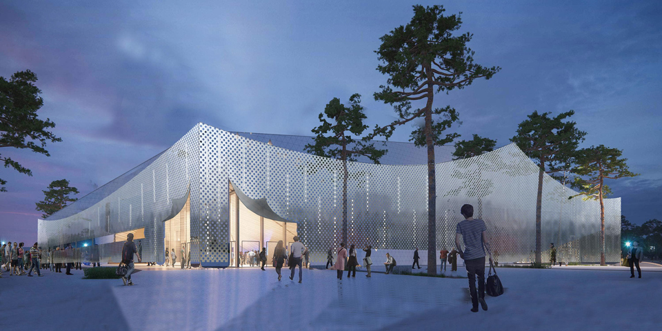 Mälarhöjdens ishall får en skalfadad med perforerad plåt, illustation.